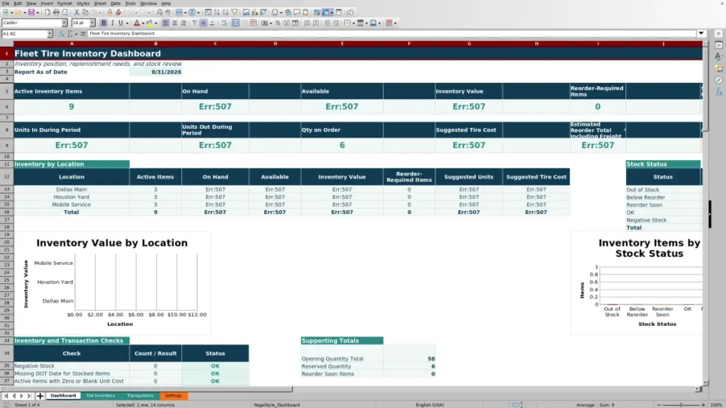 Dashboard preview for Fleet Tire Inventory Spreadsheet for Excel — Free Template 2026