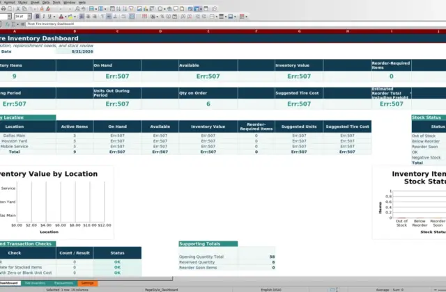 Preview 1: Dashboard sheet — fleet tire inventory spreadsheet