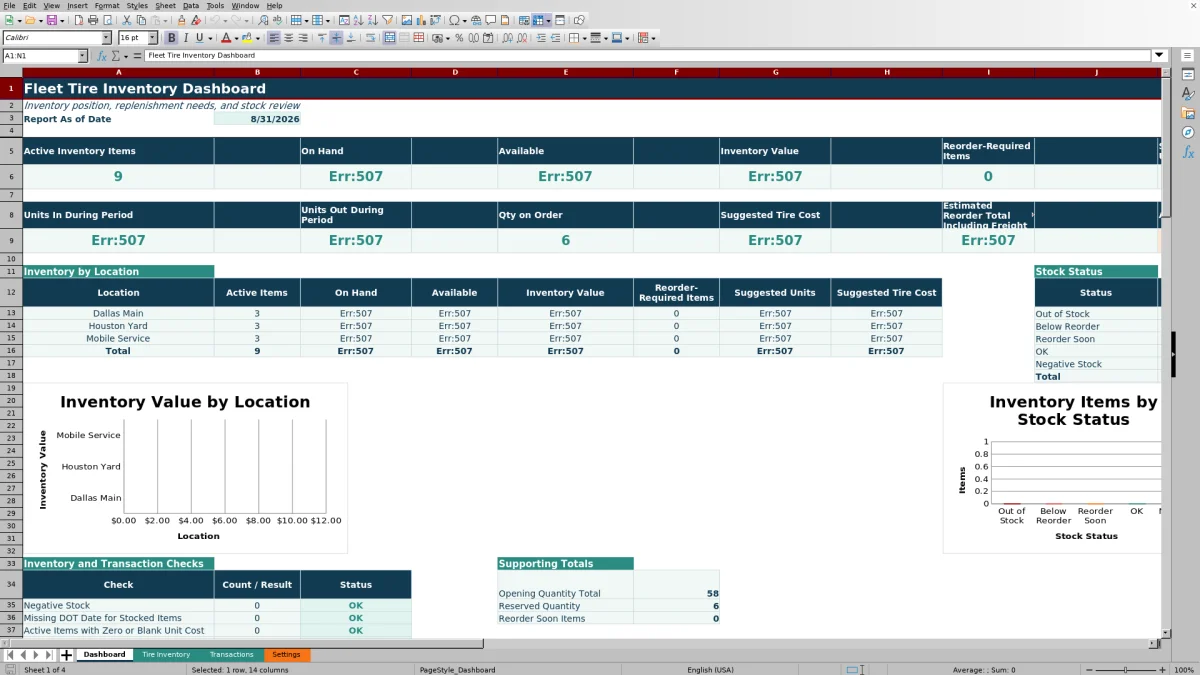 Preview 1: Dashboard sheet — fleet tire inventory spreadsheet