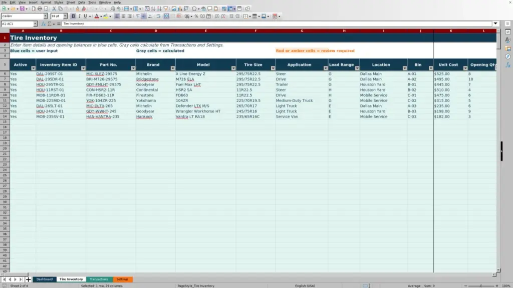 Tire Inventory preview for Fleet Tire Inventory Spreadsheet for Excel — Free Template 2026