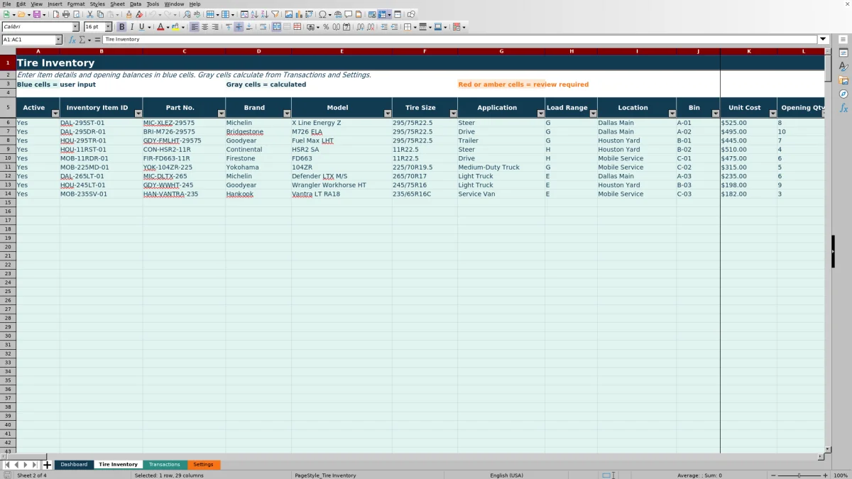 Preview 2: Tire Inventory sheet — fleet tire inventory spreadsheet