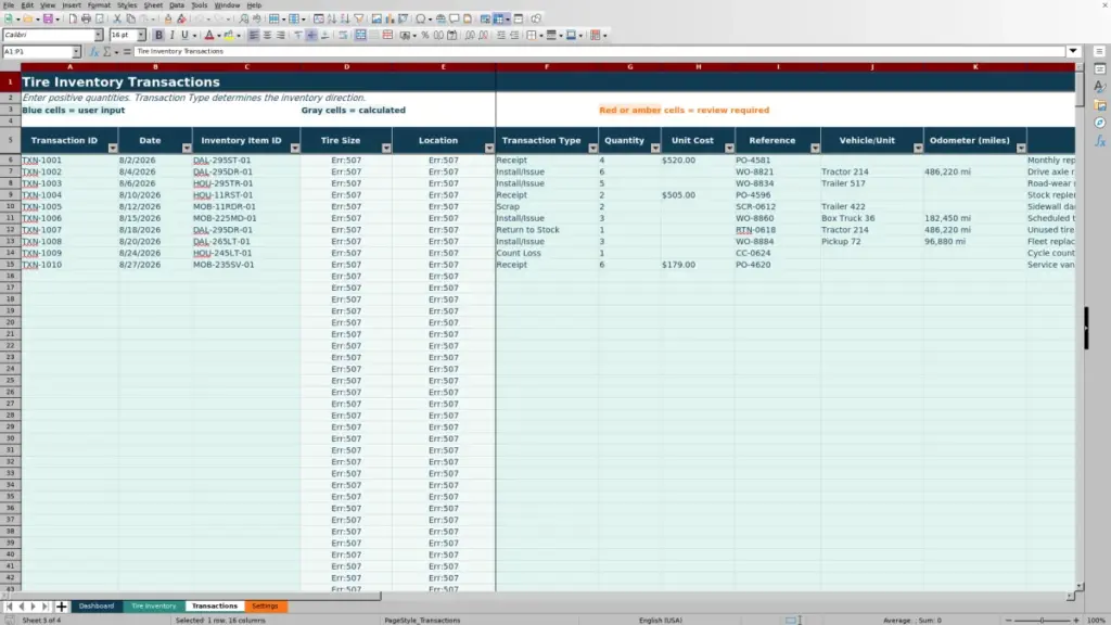 Transactions preview for Fleet Tire Inventory Spreadsheet for Excel — Free Template 2026
