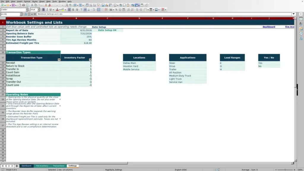 Settings preview for Fleet Tire Inventory Spreadsheet for Excel — Free Template 2026