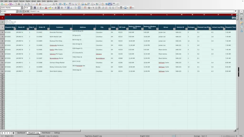 Dispatch Log preview for Last Mile Dispatch Spreadsheet for Excel: Free Template for 2026