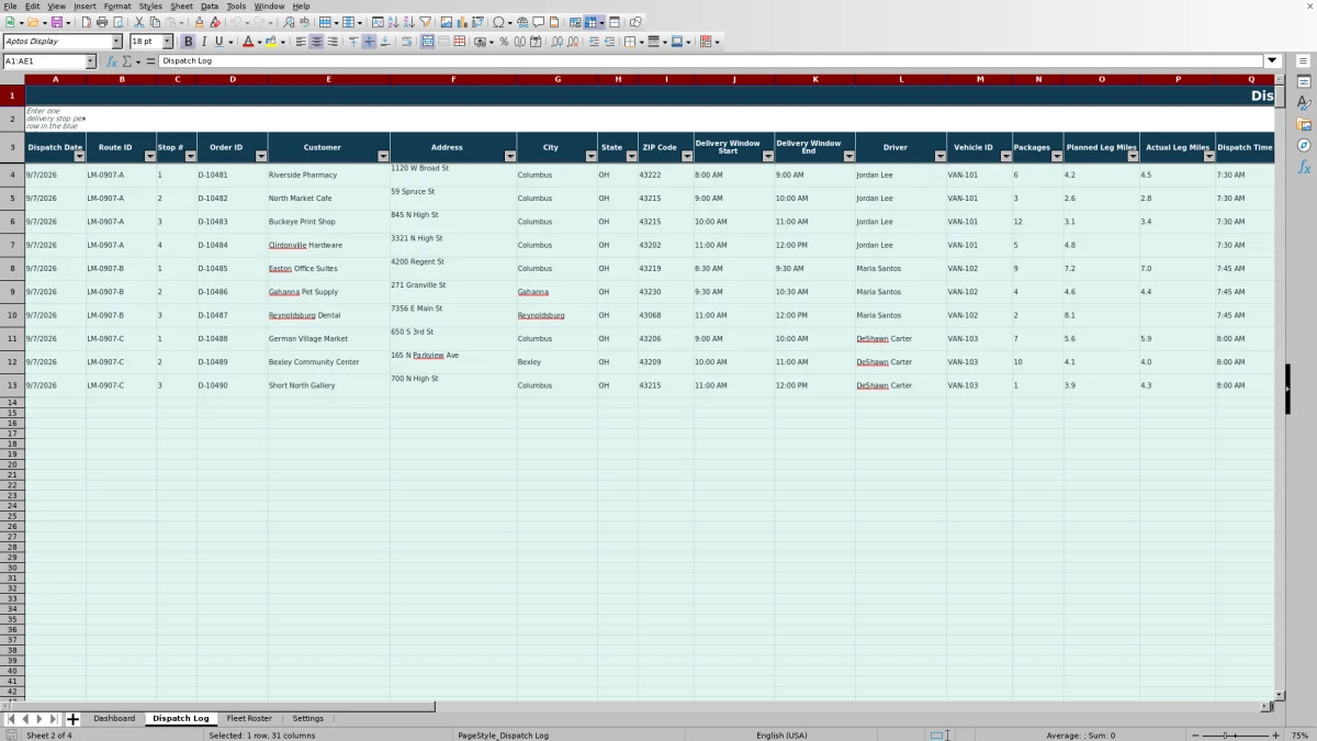 Preview 2: Dispatch Log sheet — last mile dispatch spreadsheet