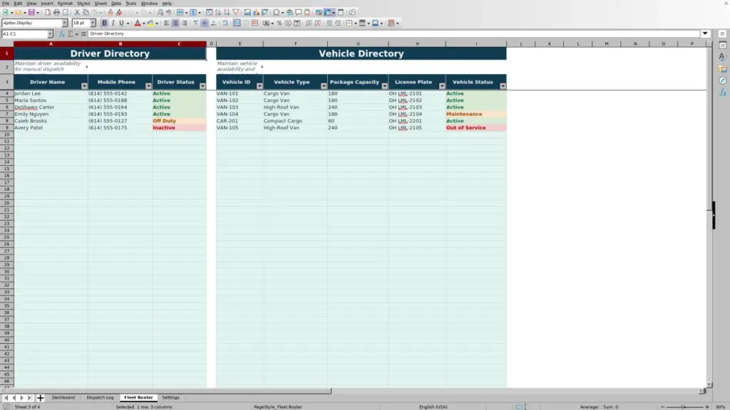 Fleet Roster preview for Last Mile Dispatch Spreadsheet for Excel: Free Template for 2026