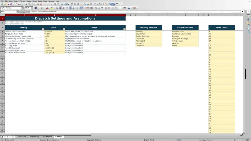 Settings preview for Last Mile Dispatch Spreadsheet for Excel: Free Template for 2026