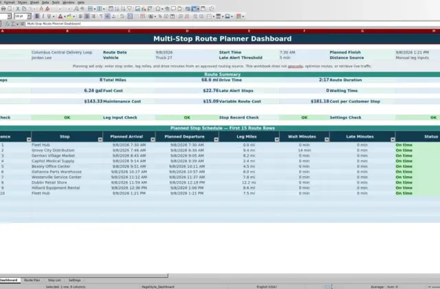 Preview 1: Dashboard sheet — multi stop route planner spreadsheet