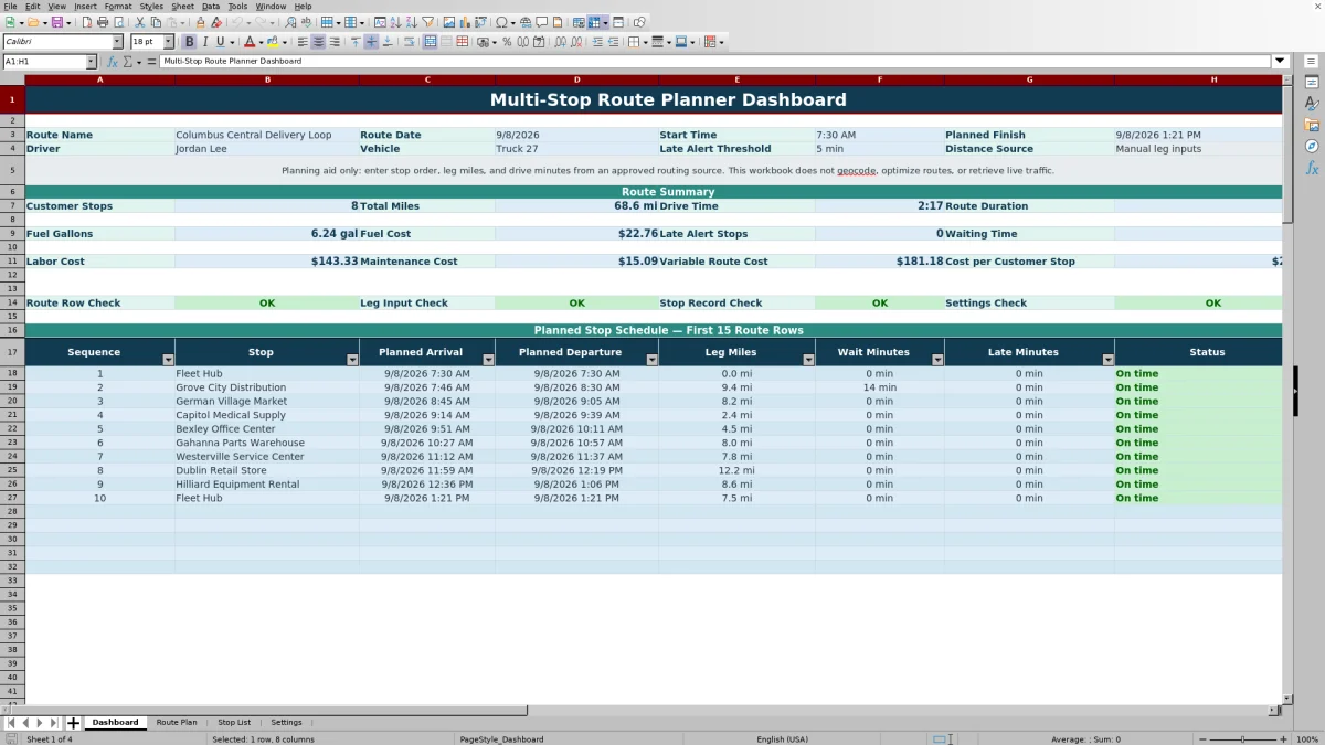 Preview 1: Dashboard sheet — multi stop route planner spreadsheet
