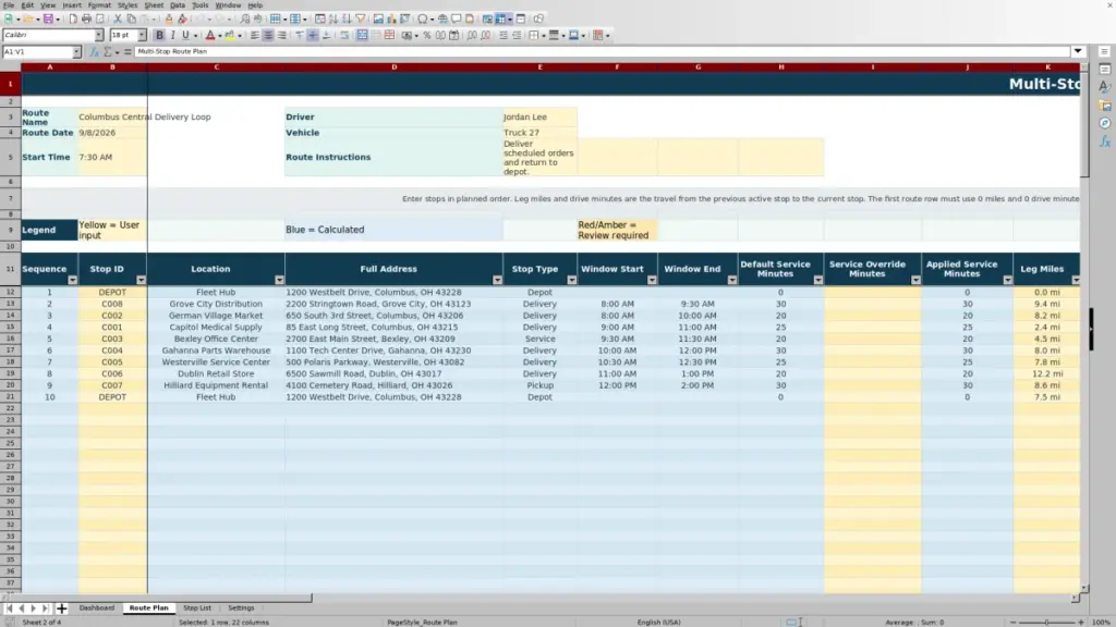 Route Plan preview for Multi-Stop Route Planner Spreadsheet for Excel: Free Template for 2026