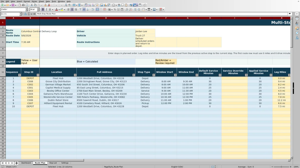 Preview 2: Route Plan sheet — multi stop route planner spreadsheet
