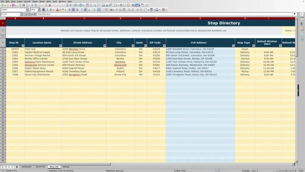 Stop List preview for Multi-Stop Route Planner Spreadsheet for Excel: Free Template for 2026