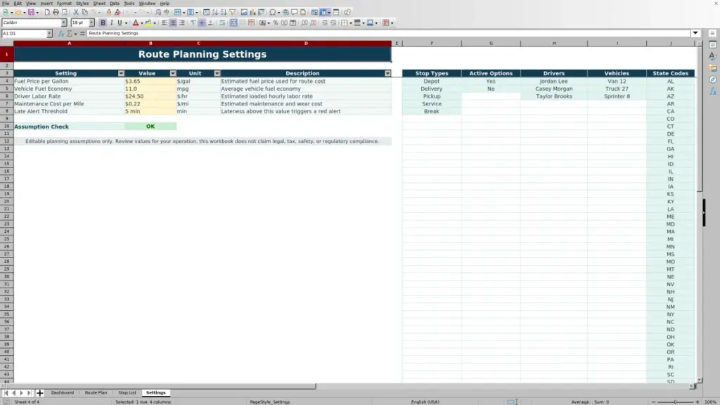 Settings preview for Multi-Stop Route Planner Spreadsheet for Excel: Free Template for 2026
