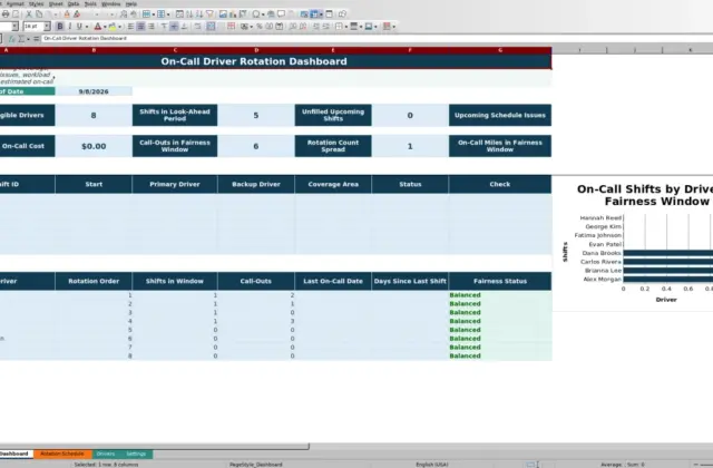 Preview 1: Dashboard sheet — on call driver rotation spreadsheet