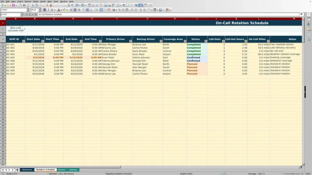 Rotation Schedule preview for On-Call Driver Rotation Spreadsheet Excel Free Template for 2026