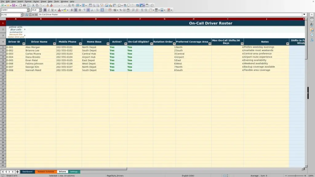 Drivers preview for On-Call Driver Rotation Spreadsheet Excel Free Template for 2026