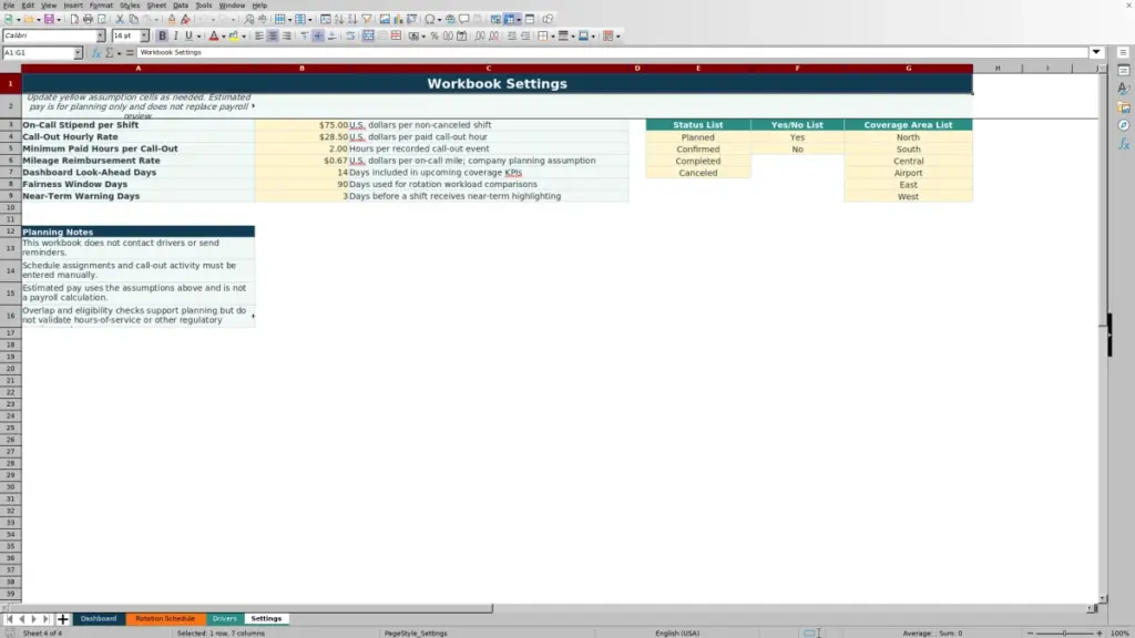 Settings preview for On-Call Driver Rotation Spreadsheet Excel Free Template for 2026