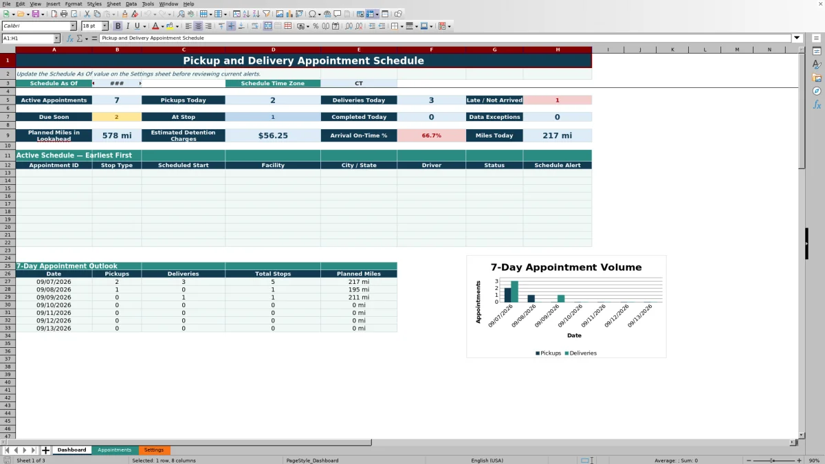 Preview 1: Dashboard sheet — pickup and delivery appointment schedule