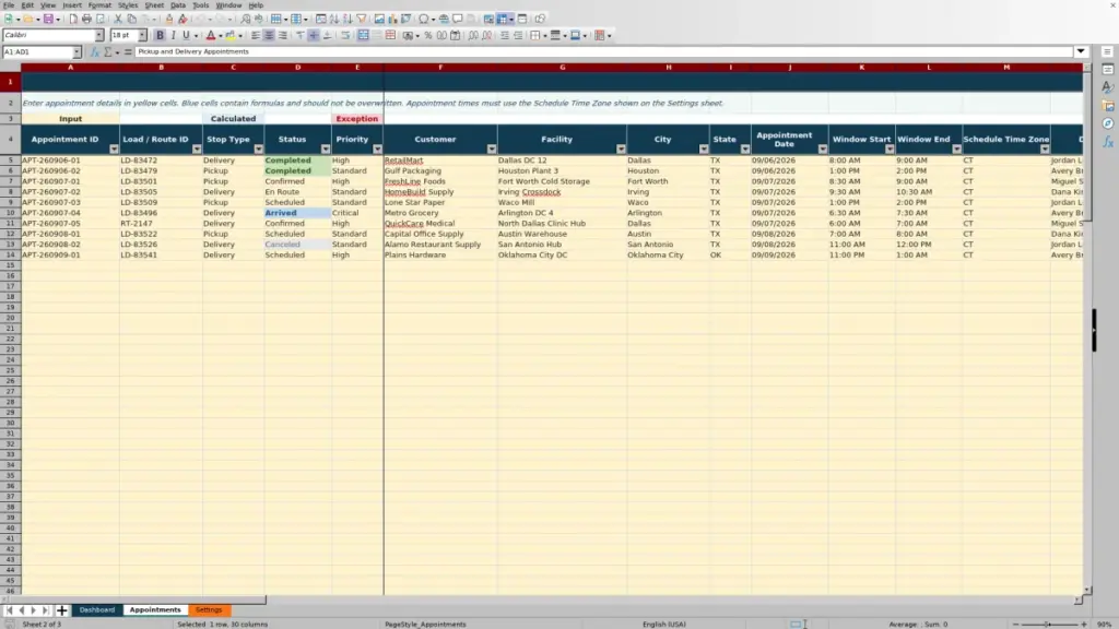 Appointments preview for Pickup and Delivery Appointment Schedule Excel Free Template for 2026