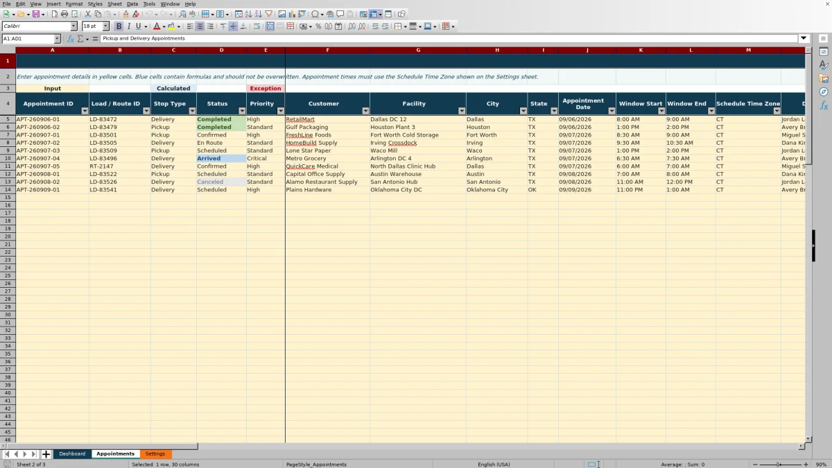 Preview 2: Appointments sheet — pickup and delivery appointment schedule