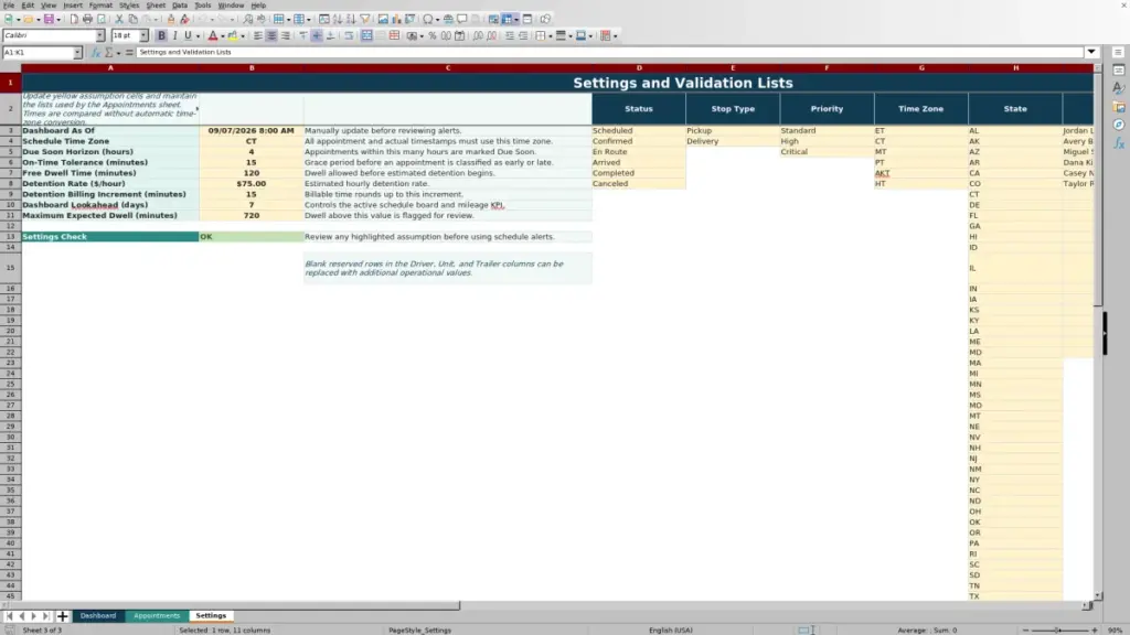Settings preview for Pickup and Delivery Appointment Schedule Excel Free Template for 2026