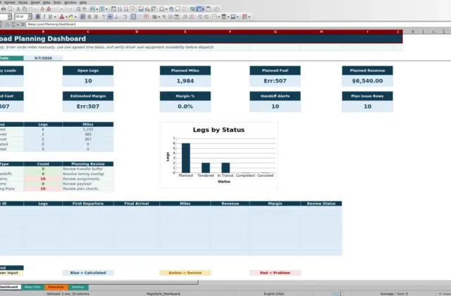 Preview 1: Dashboard sheet — relay load planning spreadsheet