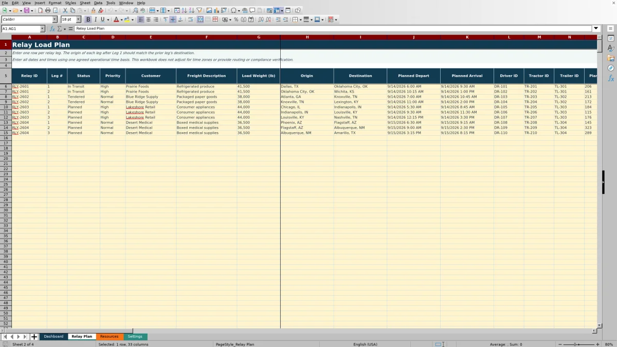 Preview 2: Relay Plan sheet — relay load planning spreadsheet
