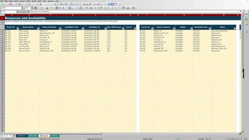 Resources preview for Relay Load Planning Spreadsheet Excel Free Template for 2026