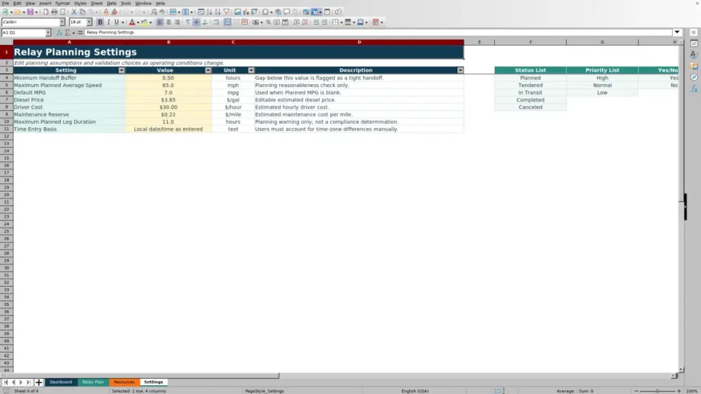 Settings preview for Relay Load Planning Spreadsheet Excel Free Template for 2026