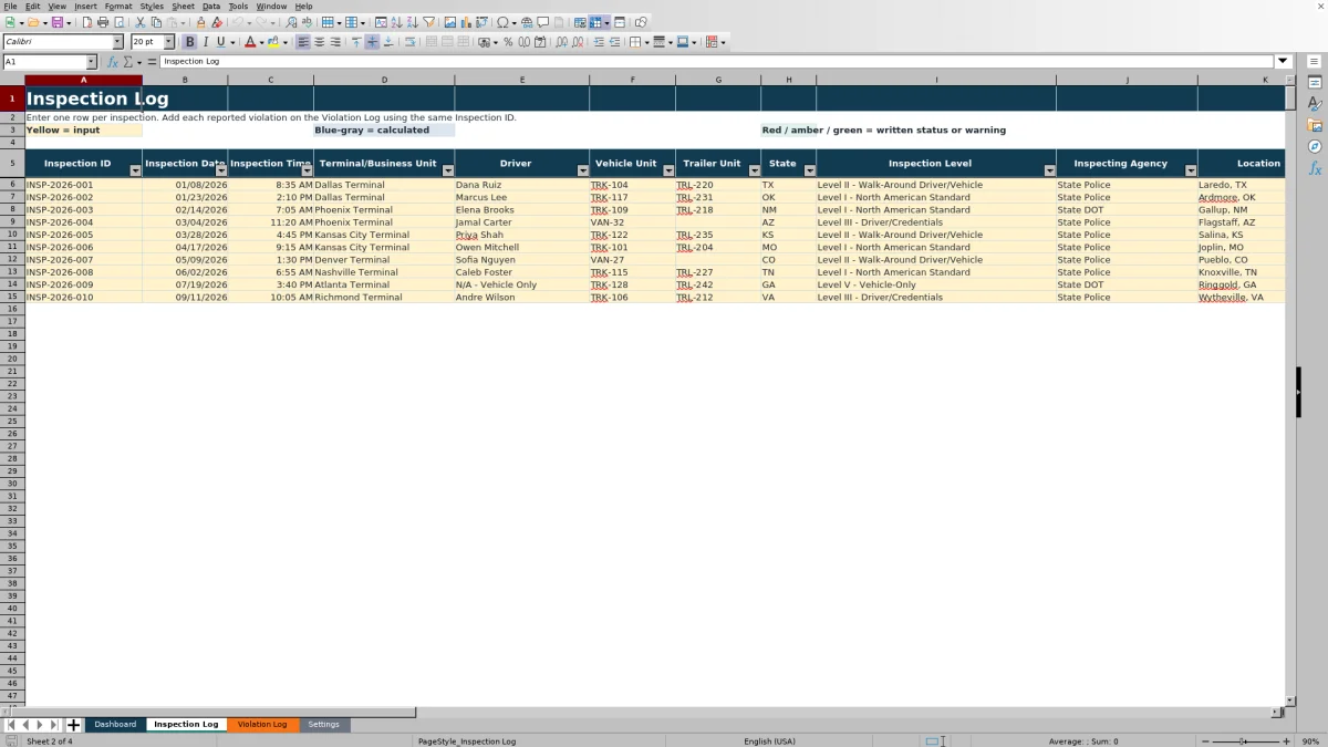 Preview 2: Inspection Log sheet — roadside inspection result tracker
