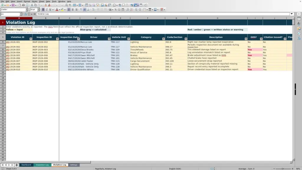 Violation Log preview for Roadside Inspection Result Tracker Excel Free Template for 2026