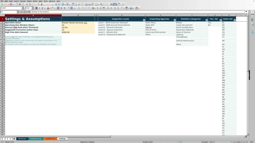Settings preview for Roadside Inspection Result Tracker Excel Free Template for 2026