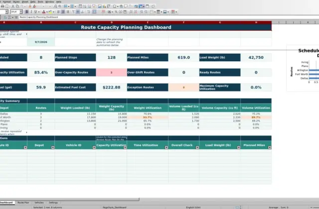 Preview 1: Dashboard sheet — route capacity planning spreadsheet