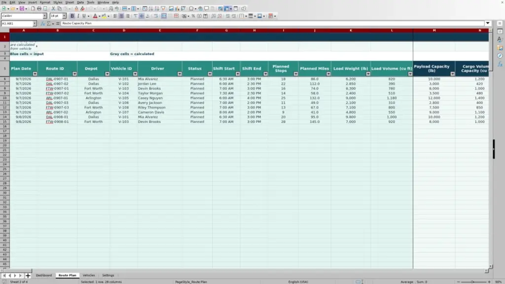 Route Plan preview for Route Capacity Planning Spreadsheet for Excel: Free Template for 2026