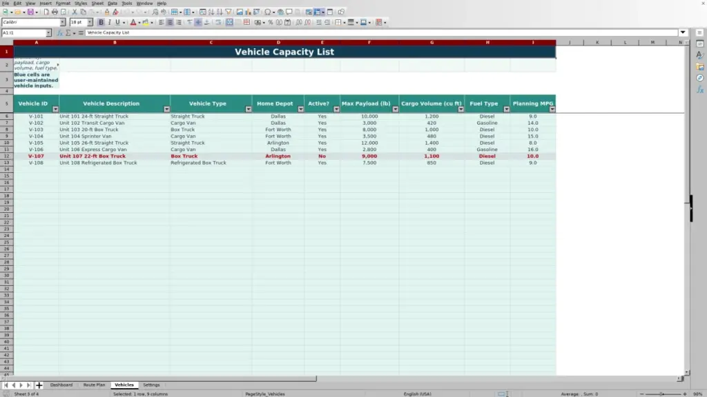 Vehicles preview for Route Capacity Planning Spreadsheet for Excel: Free Template for 2026