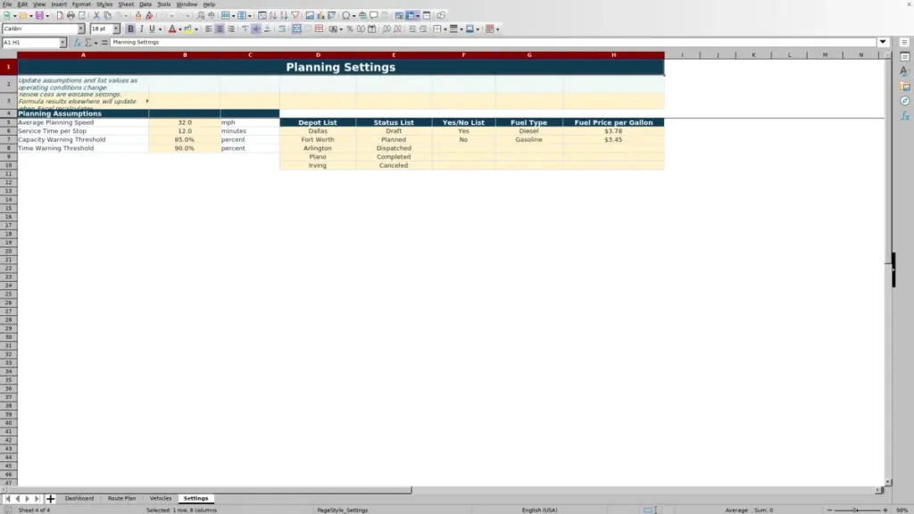 Settings preview for Route Capacity Planning Spreadsheet for Excel: Free Template for 2026