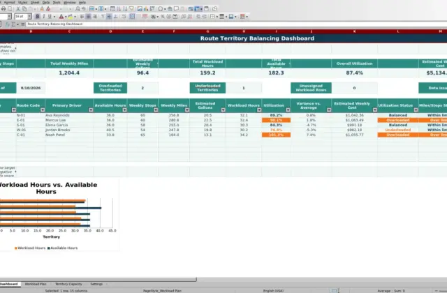Preview 1: Dashboard sheet — route territory balancing spreadsheet