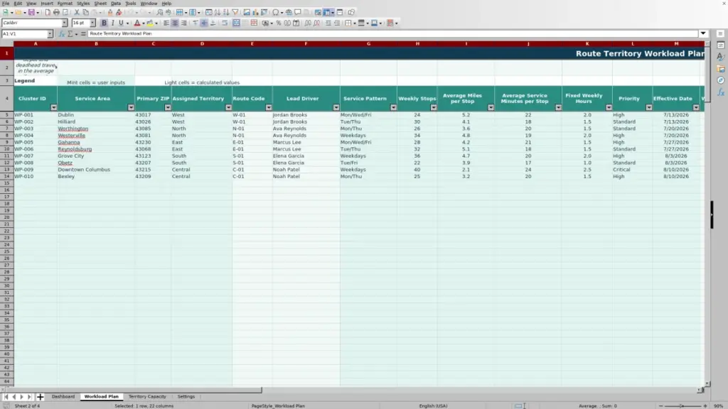 Workload Plan preview for Route Territory Balancing Spreadsheet for Excel — Free Template for 2026