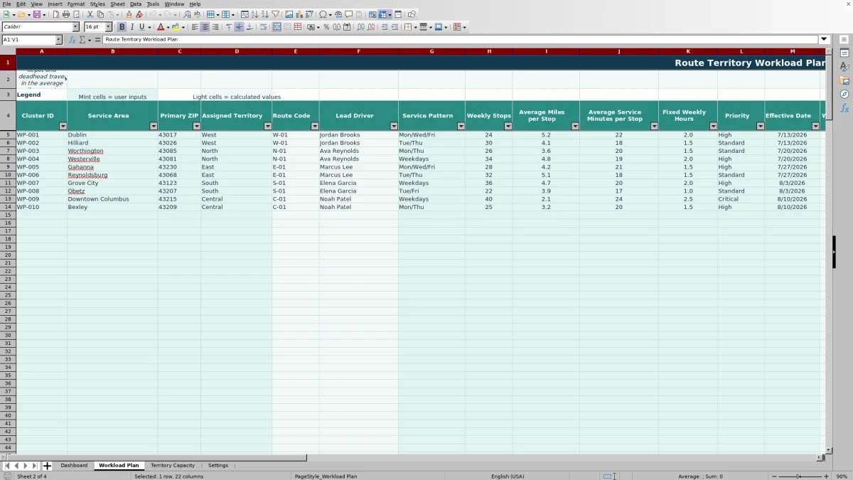 Preview 2: Workload Plan sheet — route territory balancing spreadsheet