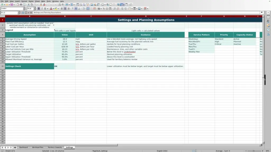 Settings preview for Route Territory Balancing Spreadsheet for Excel — Free Template for 2026