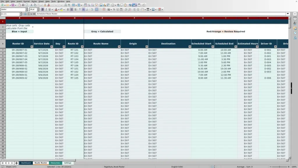 Route Roster preview for Scheduled Route Roster Spreadsheet for Excel: Free Template for 2026
