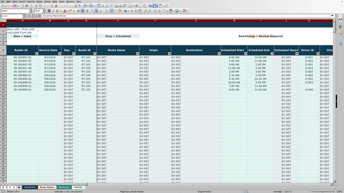 Preview 2: Route Roster sheet — scheduled route roster spreadsheet