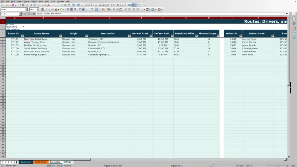 Resources preview for Scheduled Route Roster Spreadsheet for Excel: Free Template for 2026