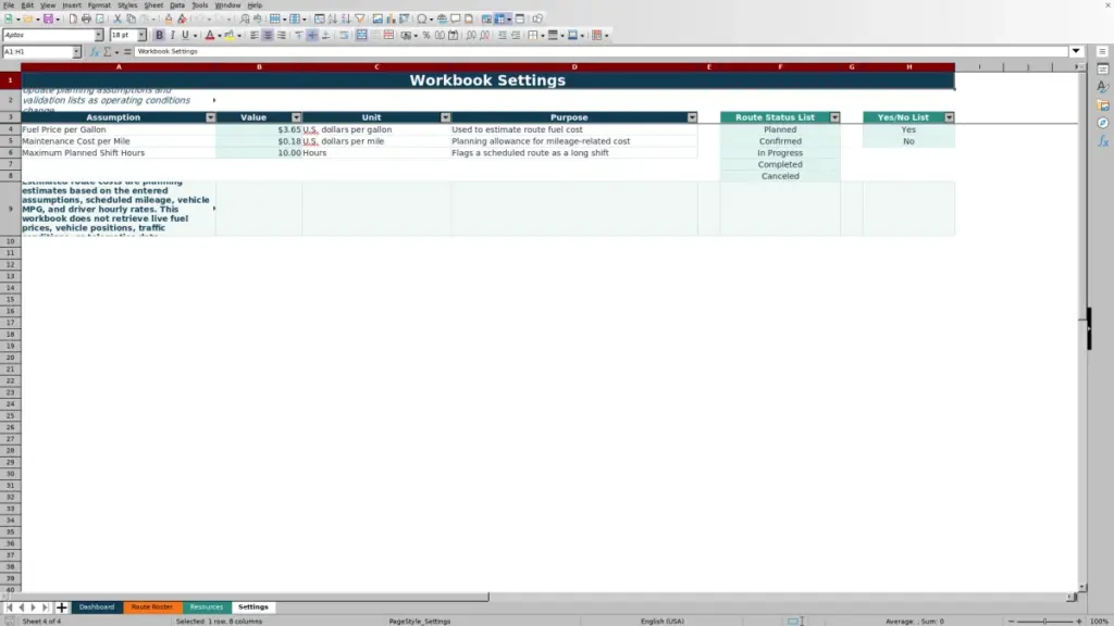 Settings preview for Scheduled Route Roster Spreadsheet for Excel: Free Template for 2026