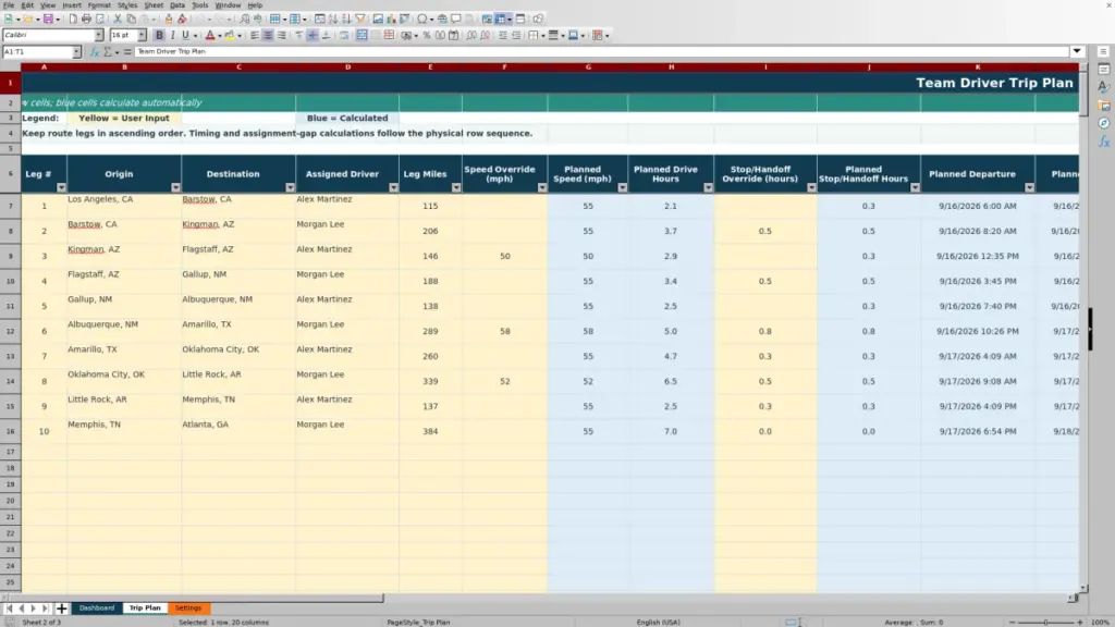 Trip Plan preview for 2026 Team Driver Trip Planning Spreadsheet for Excel — Free Template