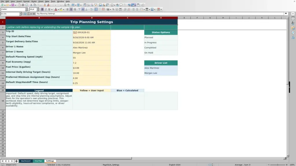 Settings preview for 2026 Team Driver Trip Planning Spreadsheet for Excel — Free Template