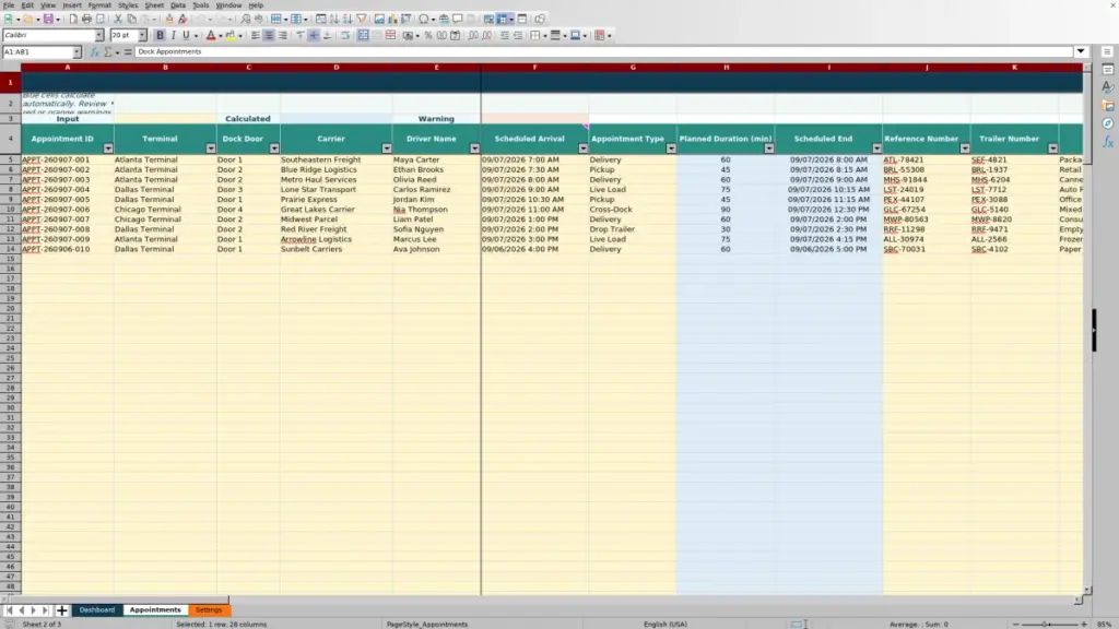 Appointments preview for 2026 Terminal Dock Appointment Spreadsheet: Excel Free Template