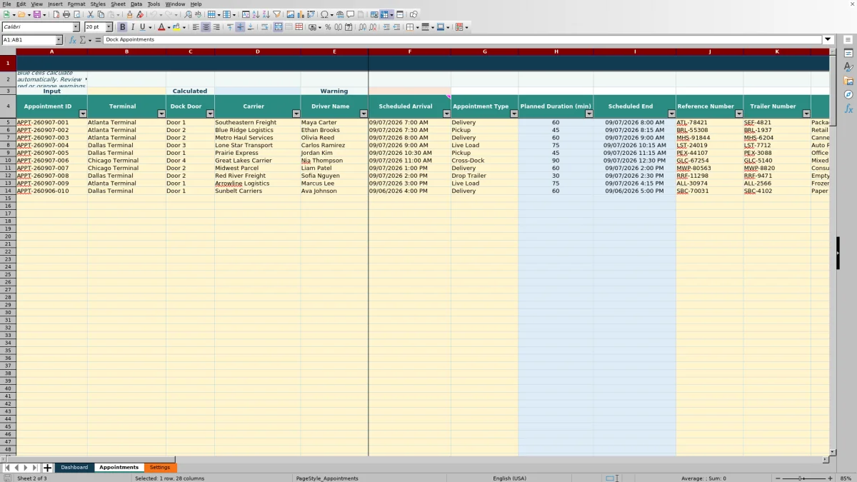 Preview 2: Appointments sheet — terminal dock appointment spreadsheet
