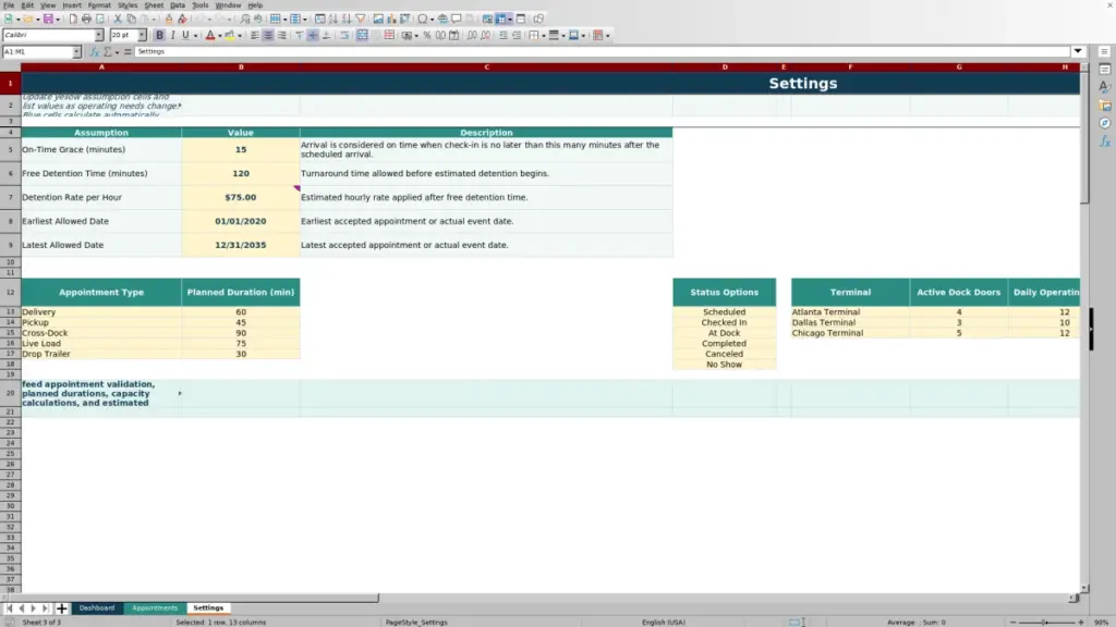 Settings preview for 2026 Terminal Dock Appointment Spreadsheet: Excel Free Template