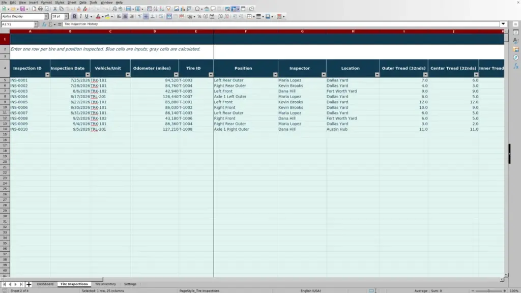 Tire Inspections preview for 2026 Tire Position and Tread Depth Tracker Excel Free Template